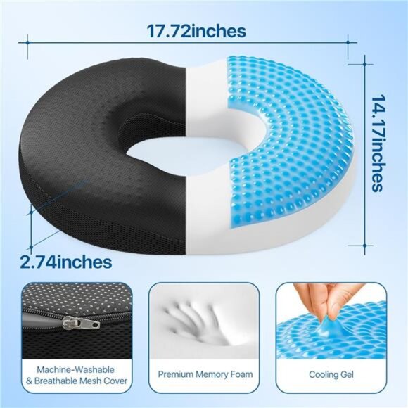 Donut Pillow Seat Cushion Memory Foam Cooling Gel Office Chair Car Back Support - Picture 2 of 7